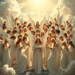 A grand assembly of angels in a celestial setting, featuring diverse angels of various ethnicities with majestic wings, radiant auras, and ornate garments