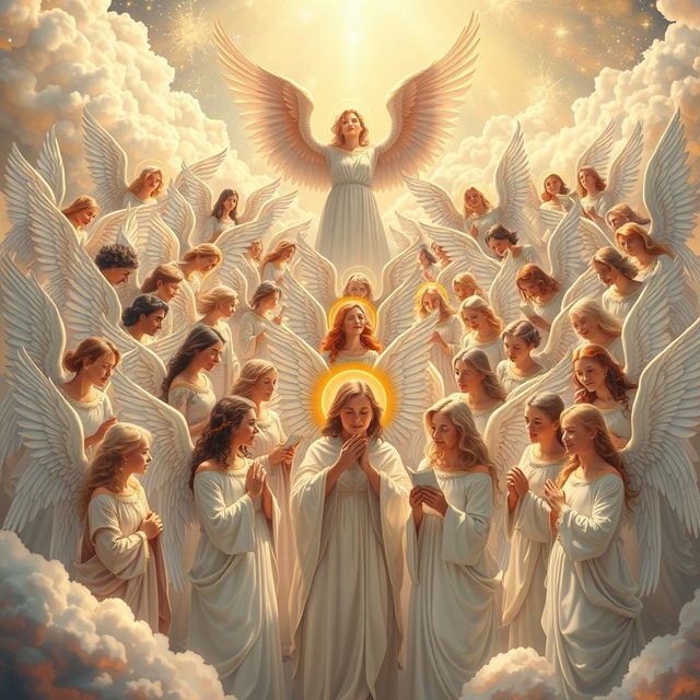 A grand assembly of angels in a celestial setting, featuring diverse angels of various ethnicities with majestic wings, radiant auras, and ornate garments