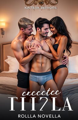 A sensual and sexy erotica novella book cover featuring an enticing threesome scenario in a luxurious bedroom