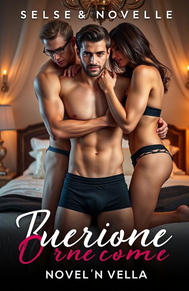 A sensual and sexy erotica novella book cover featuring an enticing threesome scenario in a luxurious bedroom