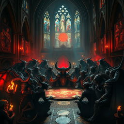 A breathtaking scene of a grand assembly of demons in an ancient, dark cathedral
