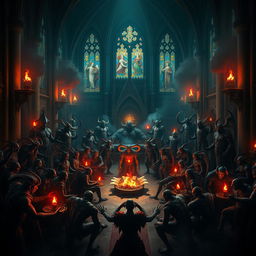 A breathtaking scene of a grand assembly of demons in an ancient, dark cathedral