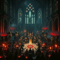 A breathtaking scene of a grand assembly of demons in an ancient, dark cathedral