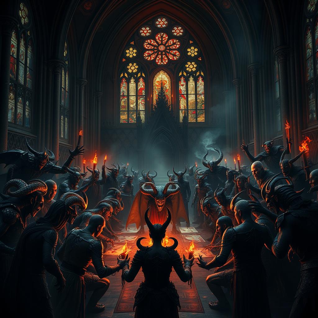 A breathtaking scene of a grand assembly of demons in an ancient, dark cathedral