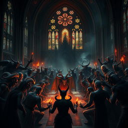 A breathtaking scene of a grand assembly of demons in an ancient, dark cathedral