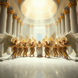 An awe-inspiring scene of a grand assembly of archangels in an ethereal celestial chamber