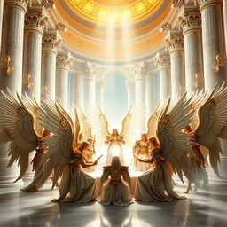 An awe-inspiring scene of a grand assembly of archangels in an ethereal celestial chamber