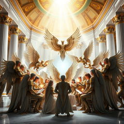 An awe-inspiring scene of a grand assembly of archangels in an ethereal celestial chamber