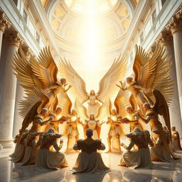 An awe-inspiring scene of a grand assembly of archangels in an ethereal celestial chamber