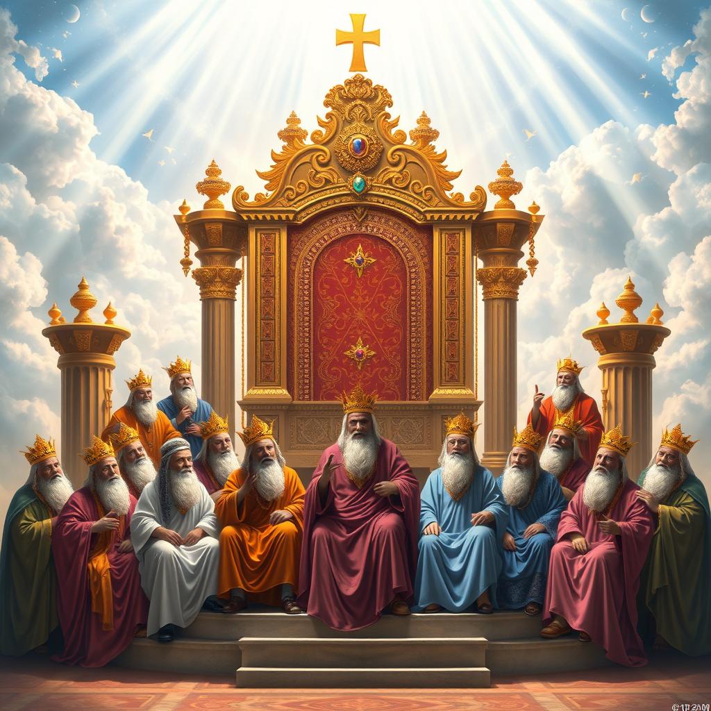 A majestic depiction of the Throne of God, surrounded by bright celestial light and intricate details