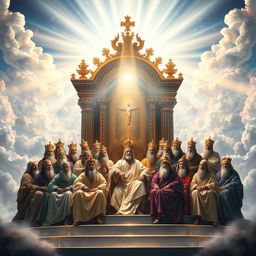 A majestic depiction of the Throne of God, surrounded by bright celestial light and intricate details