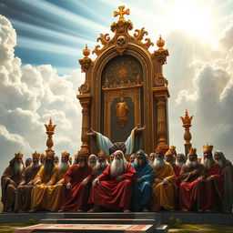 A majestic depiction of the Throne of God, surrounded by bright celestial light and intricate details