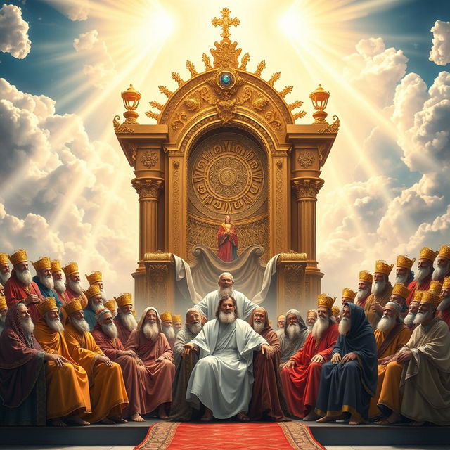 A majestic depiction of the Throne of God, surrounded by bright celestial light and intricate details