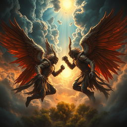 A dramatic celestial battle scene depicting fallen angels in ornate armor with majestic, tattered wings, engaged in a fierce war amongst clouds filled with swirling dark shadows and bright rays of light