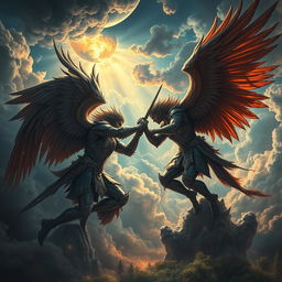 A dramatic celestial battle scene depicting fallen angels in ornate armor with majestic, tattered wings, engaged in a fierce war amongst clouds filled with swirling dark shadows and bright rays of light