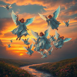 A surreal scene depicting angels gracefully falling from the sky, their ethereal wings shimmering with iridescent hues of blue and gold