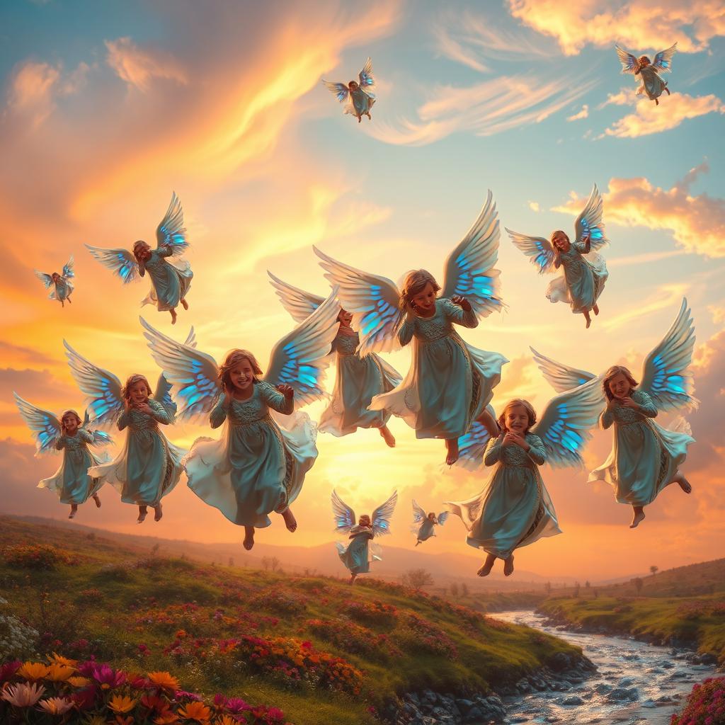 A surreal scene depicting angels gracefully falling from the sky, their ethereal wings shimmering with iridescent hues of blue and gold