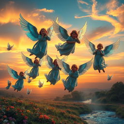 A surreal scene depicting angels gracefully falling from the sky, their ethereal wings shimmering with iridescent hues of blue and gold
