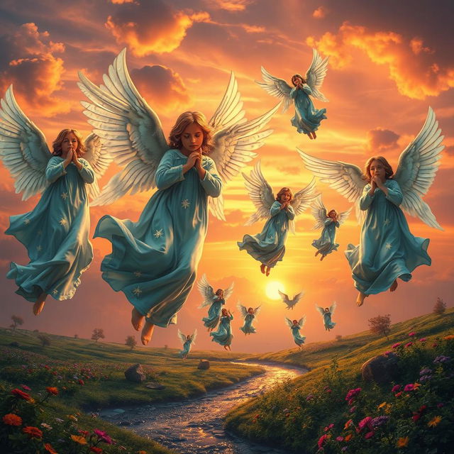 A surreal scene depicting angels gracefully falling from the sky, their ethereal wings shimmering with iridescent hues of blue and gold