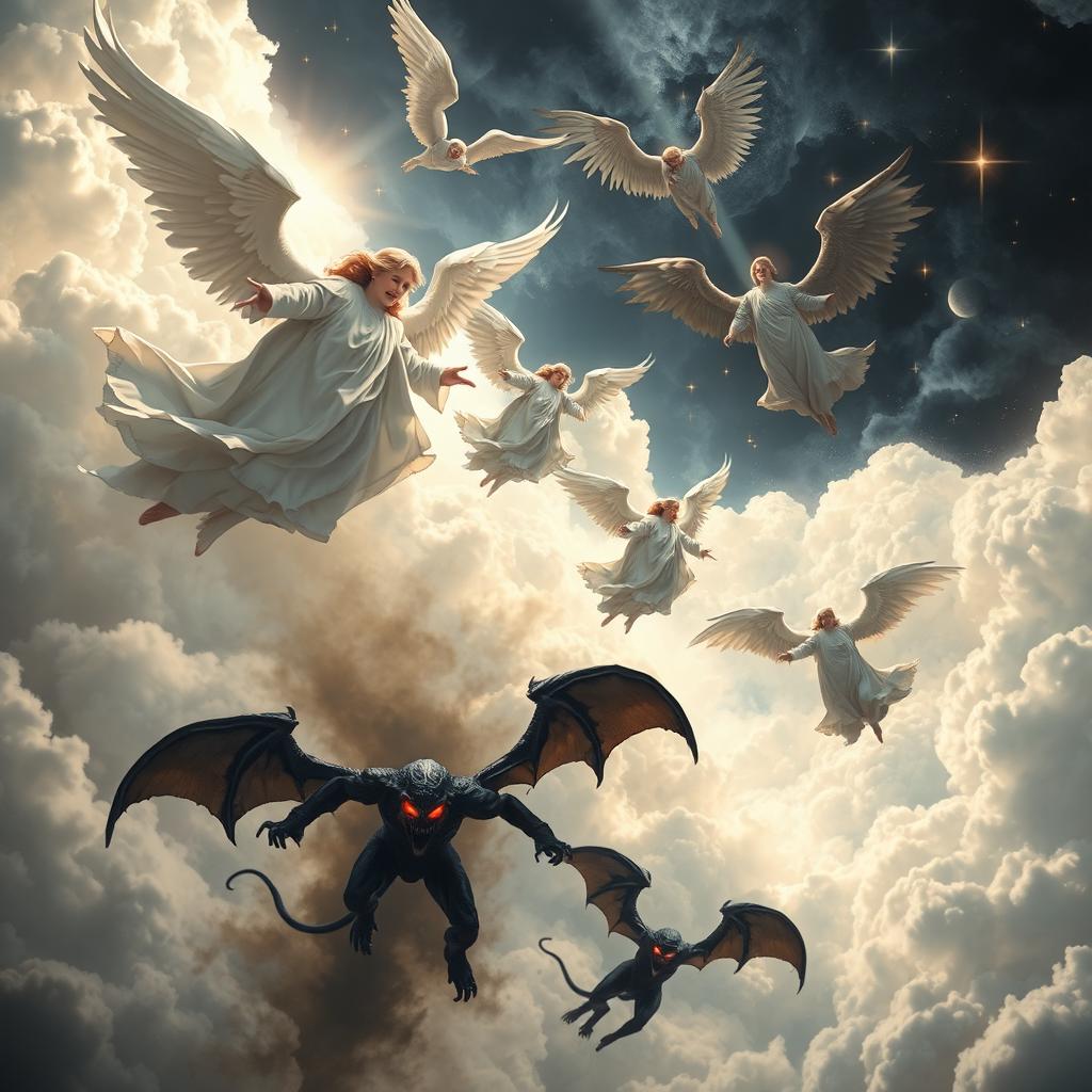 A dramatic scene depicting angels and demons in a fantastical realm, with multiple angels in flowing white robes and shimmering wings gracefully descending from the heavens, while fierce demons with dark, bat-like wings and fiery eyes are plummeting from below