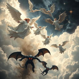 A dramatic scene depicting angels and demons in a fantastical realm, with multiple angels in flowing white robes and shimmering wings gracefully descending from the heavens, while fierce demons with dark, bat-like wings and fiery eyes are plummeting from below