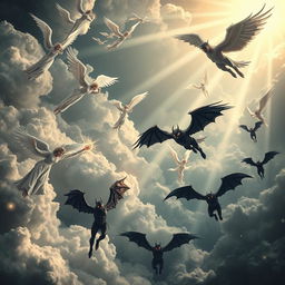 A dramatic scene depicting angels and demons in a fantastical realm, with multiple angels in flowing white robes and shimmering wings gracefully descending from the heavens, while fierce demons with dark, bat-like wings and fiery eyes are plummeting from below