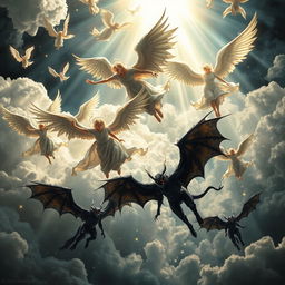 A dramatic scene depicting angels and demons in a fantastical realm, with multiple angels in flowing white robes and shimmering wings gracefully descending from the heavens, while fierce demons with dark, bat-like wings and fiery eyes are plummeting from below