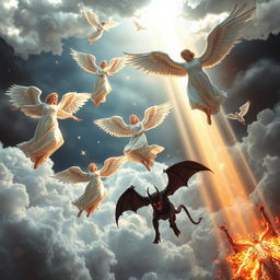 A dramatic scene depicting angels and demons in a fantastical realm, with multiple angels in flowing white robes and shimmering wings gracefully descending from the heavens, while fierce demons with dark, bat-like wings and fiery eyes are plummeting from below