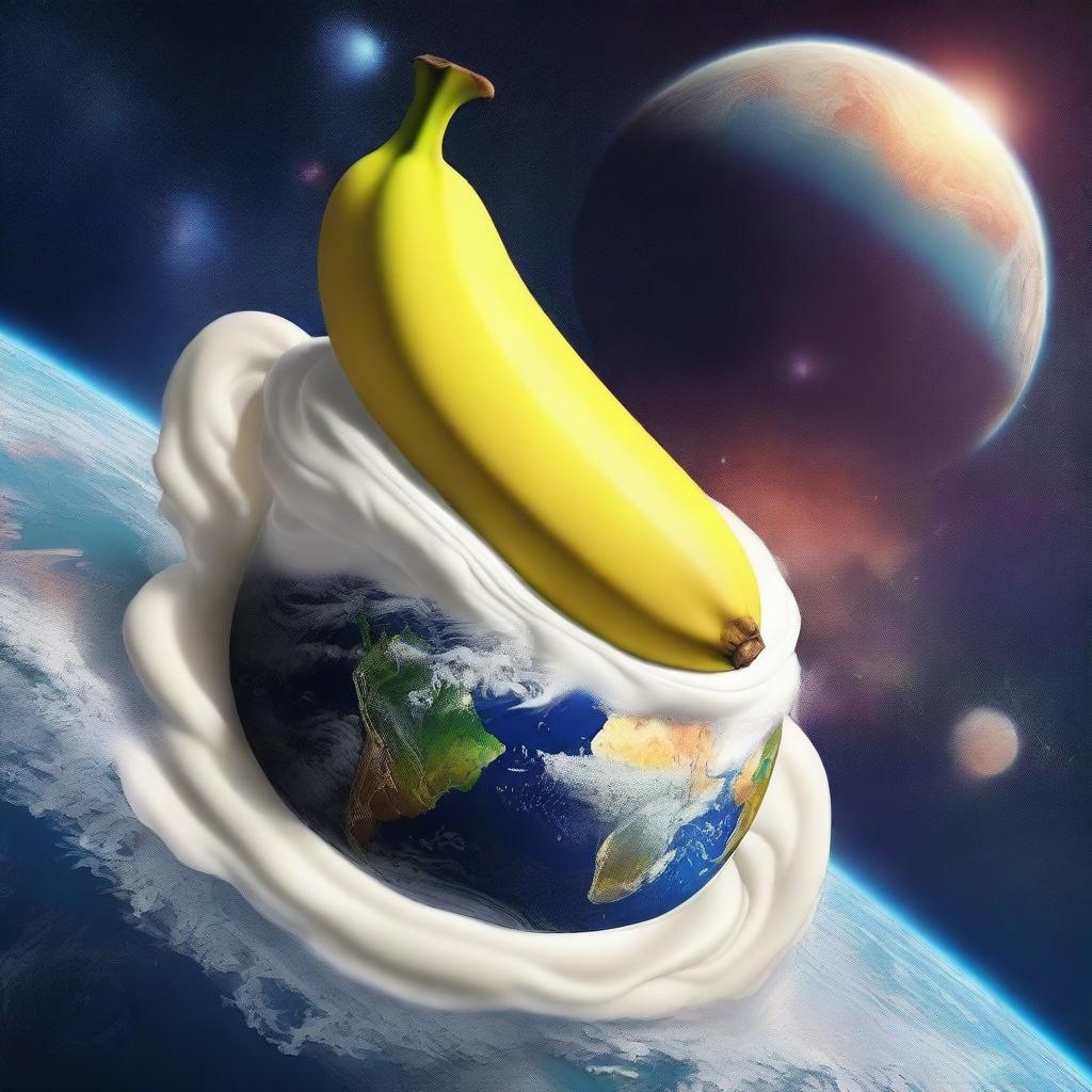 A surreal digital art piece featuring a gigantic banana wrapped around the Earth, with hot cream shooting out from its end into the cosmos