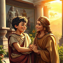 A nostalgic depiction of young Alexander the Great, portrayed as a spirited boy with a playful expression, interacting with his mother, Queen Olympias