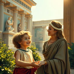 A nostalgic depiction of young Alexander the Great, portrayed as a spirited boy with a playful expression, interacting with his mother, Queen Olympias