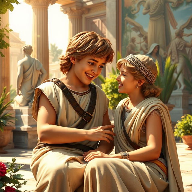 A nostalgic depiction of young Alexander the Great, portrayed as a spirited boy with a playful expression, interacting with his mother, Queen Olympias