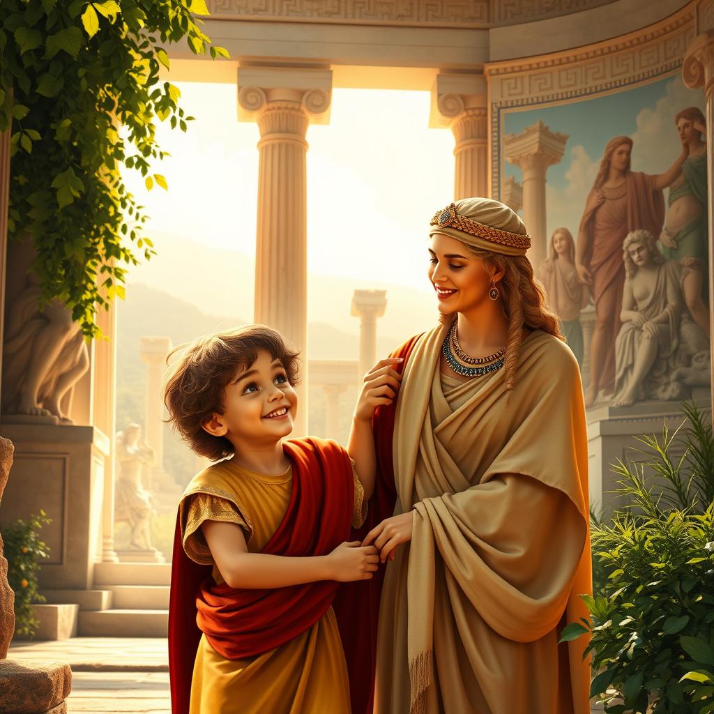 A nostalgic depiction of young Alexander the Great, portrayed as a spirited boy with a playful expression, interacting with his mother, Queen Olympias