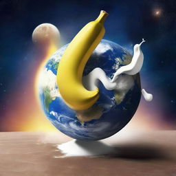 A surreal digital art piece featuring a gigantic banana wrapped around the Earth, with hot cream shooting out from its end into the cosmos