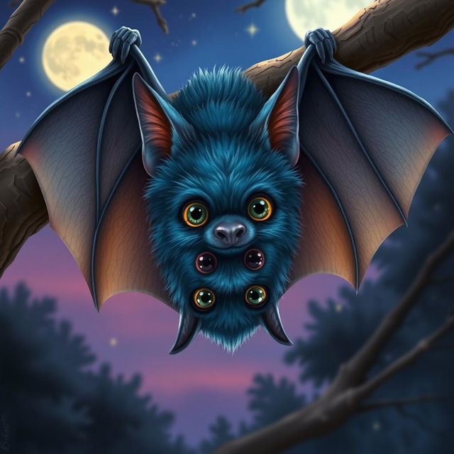 A detailed illustration of a bat with blue fur, highlighting the various shades of blue from light azure to deep cobalt