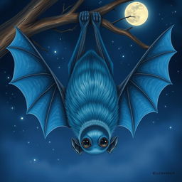 A detailed illustration of a bat with blue fur, highlighting the various shades of blue from light azure to deep cobalt