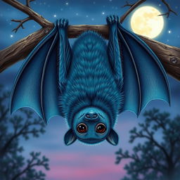 A detailed illustration of a bat with blue fur, highlighting the various shades of blue from light azure to deep cobalt