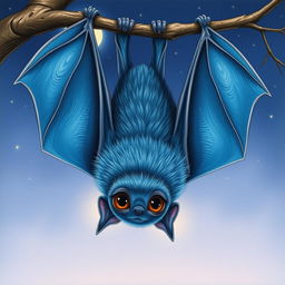 A detailed illustration of a bat with blue fur, highlighting the various shades of blue from light azure to deep cobalt