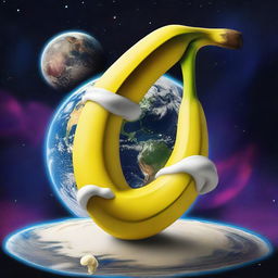 A surreal digital art piece featuring a gigantic banana wrapped around the Earth, with hot cream shooting out from its end into the cosmos