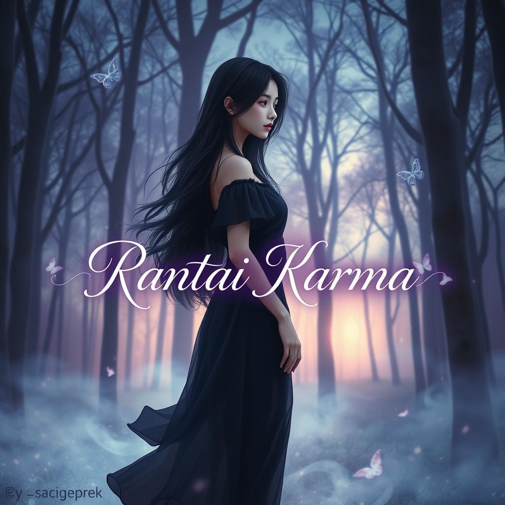 Aesthetic cover design for a fictional Wattpad story titled 'Rantai Karma' by _sapigeprek_