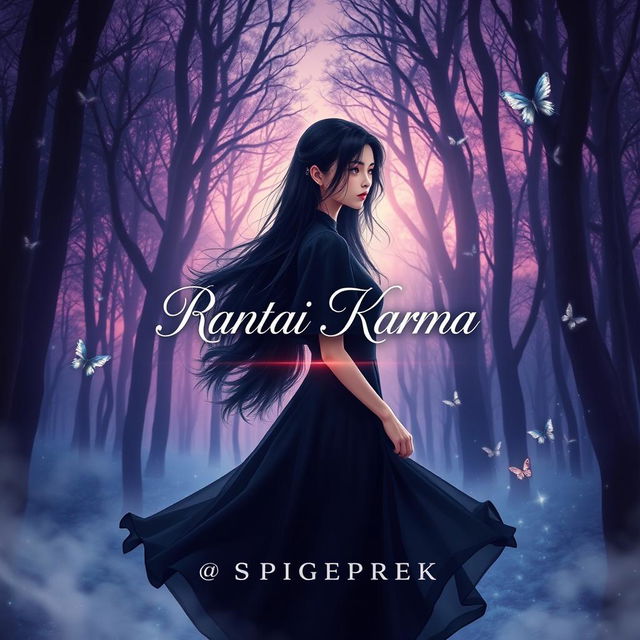 Aesthetic cover design for a fictional Wattpad story titled 'Rantai Karma' by _sapigeprek_