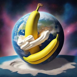 A surreal digital art piece featuring a gigantic banana wrapped around the Earth, with hot cream shooting out from its end into the cosmos