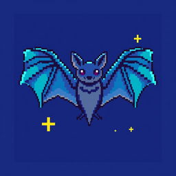 A unique and vibrant pixel art depiction of a bat, featuring a striking blue color palette