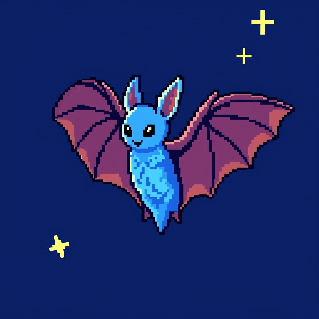 A unique and vibrant pixel art depiction of a bat, featuring a striking blue color palette