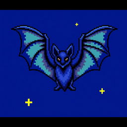 A unique and vibrant pixel art depiction of a bat, featuring a striking blue color palette