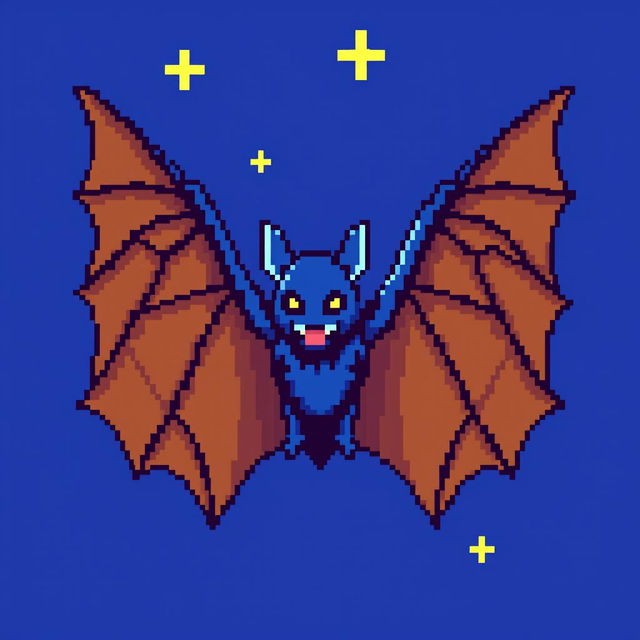 A unique and vibrant pixel art depiction of a bat, featuring a striking blue color palette