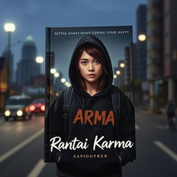 Sampul buku dengan estetika gelap untuk sebuah cerita fiksi di Wattpad berjudul 'Rantai Karma' oleh _sapigeprek_