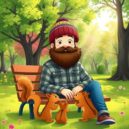 A whimsical illustration of a young man with a large, fluffy beard, wearing a colorful beanie
