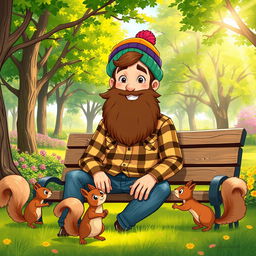 A whimsical illustration of a young man with a large, fluffy beard, wearing a colorful beanie