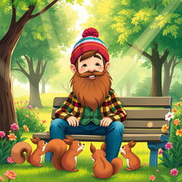 A whimsical illustration of a young man with a large, fluffy beard, wearing a colorful beanie